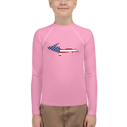 Michigan Upper Peninsula Rash Guard (w/ UP USA Flag) | Youth - Rhodochrosite Pink