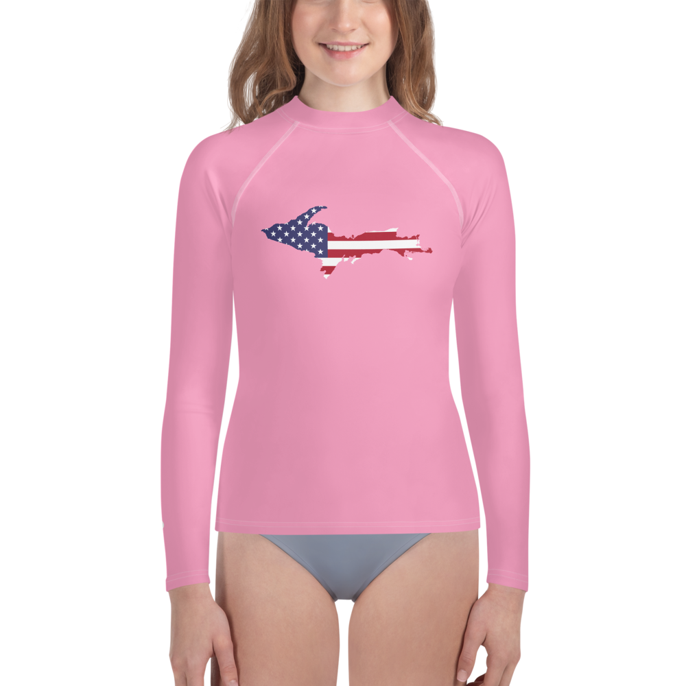 Michigan Upper Peninsula Rash Guard (w/ UP USA Flag) | Youth - Rhodochrosite Pink