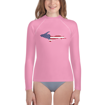 Michigan Upper Peninsula Rash Guard (w/ UP USA Flag) | Youth - Rhodochrosite Pink