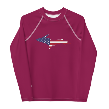 Michigan Upper Peninsula Rash Guard (w/ UP USA Flag) | Youth - Ruby Red