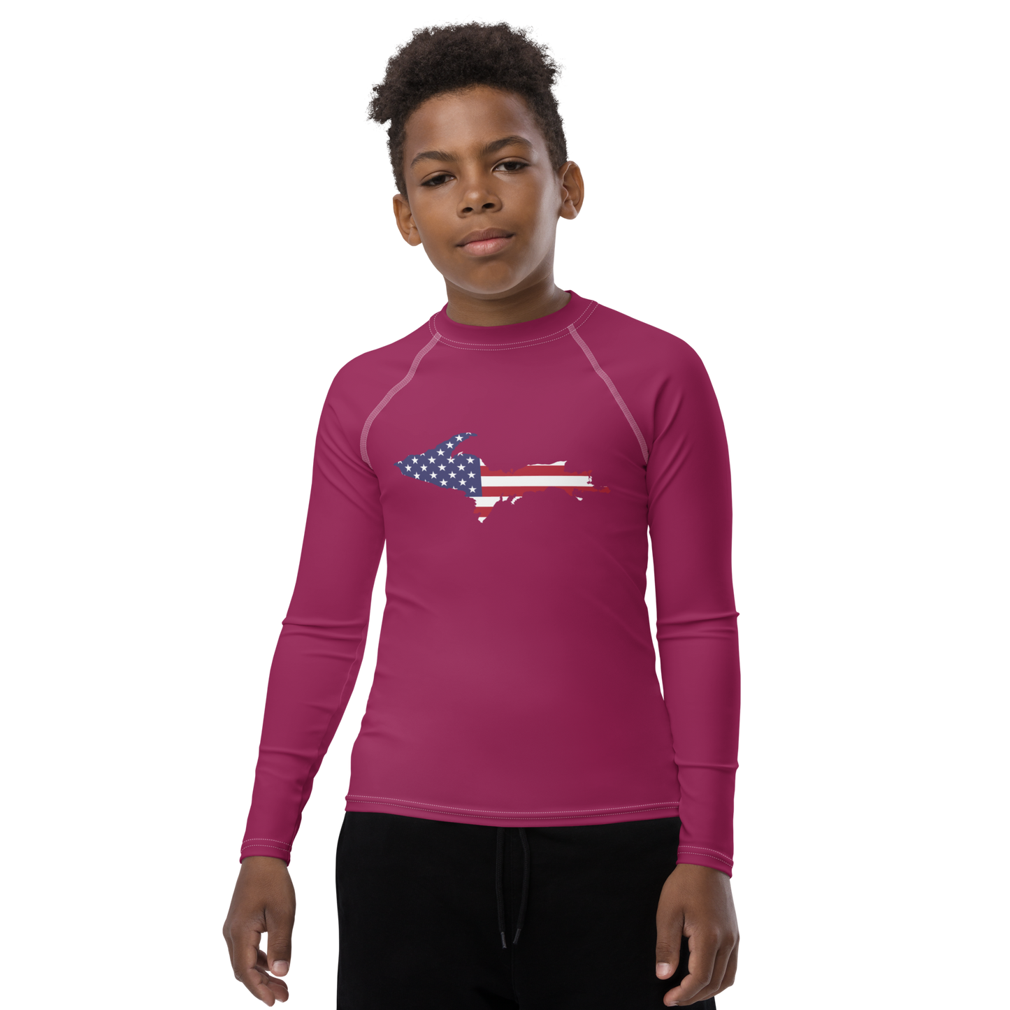 Michigan Upper Peninsula Rash Guard (w/ UP USA Flag) | Youth - Ruby Red