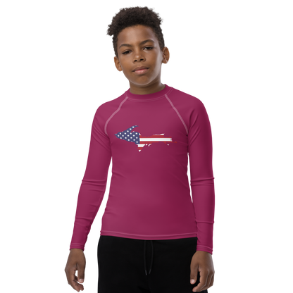 Michigan Upper Peninsula Rash Guard (w/ UP USA Flag) | Youth - Ruby Red