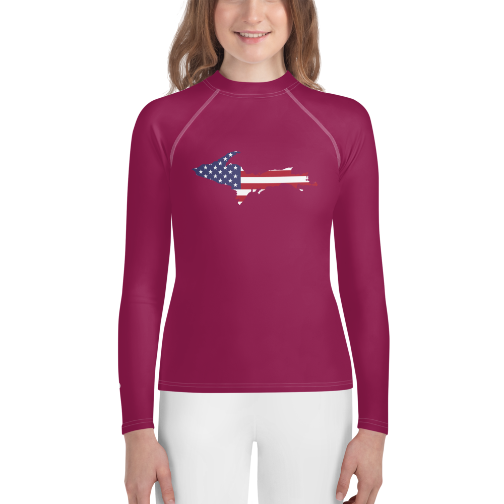 Michigan Upper Peninsula Rash Guard (w/ UP USA Flag) | Youth - Ruby Red