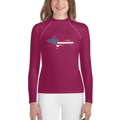 Michigan Upper Peninsula Rash Guard (w/ UP USA Flag) | Youth - Ruby Red