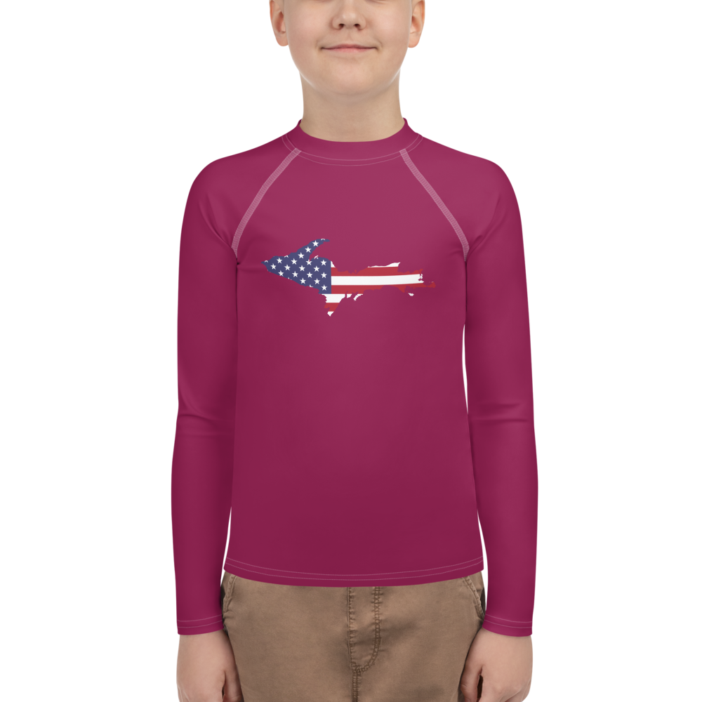 Michigan Upper Peninsula Rash Guard (w/ UP USA Flag) | Youth - Ruby Red