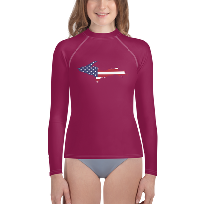 Michigan Upper Peninsula Rash Guard (w/ UP USA Flag) | Youth - Ruby Red