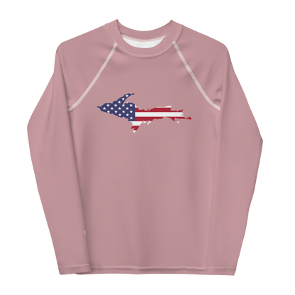 Michigan Upper Peninsula Rash Guard (w/ UP USA Flag) | Youth - Cherry Blossom Pink