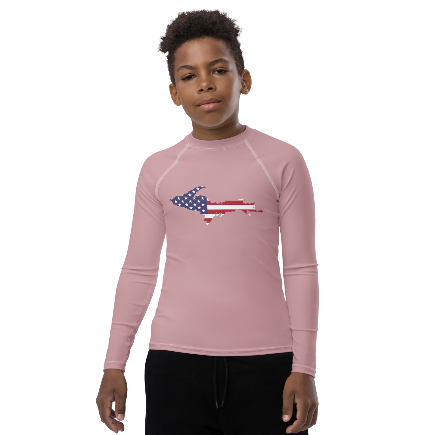 Michigan Upper Peninsula Rash Guard (w/ UP USA Flag) | Youth - Cherry Blossom Pink