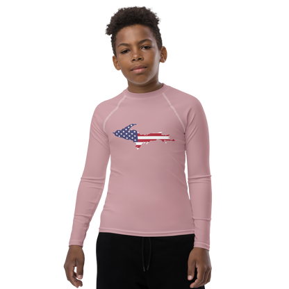 Michigan Upper Peninsula Rash Guard (w/ UP USA Flag) | Youth - Cherry Blossom Pink