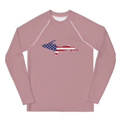 Michigan Upper Peninsula Rash Guard (w/ UP USA Flag) | Youth - Cherry Blossom Pink