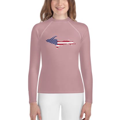 Michigan Upper Peninsula Rash Guard (w/ UP USA Flag) | Youth - Cherry Blossom Pink