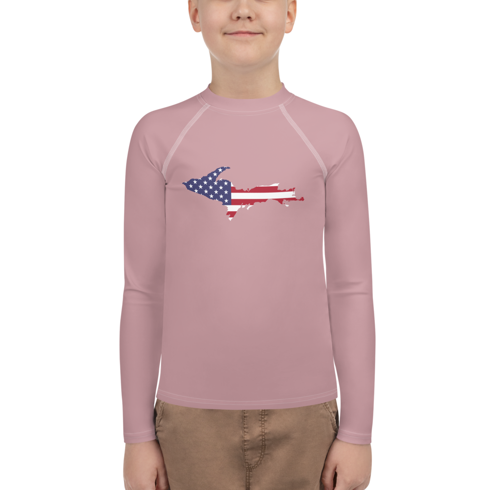 Michigan Upper Peninsula Rash Guard (w/ UP USA Flag) | Youth - Cherry Blossom Pink