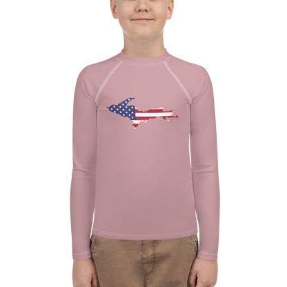 Michigan Upper Peninsula Rash Guard (w/ UP USA Flag) | Youth - Cherry Blossom Pink