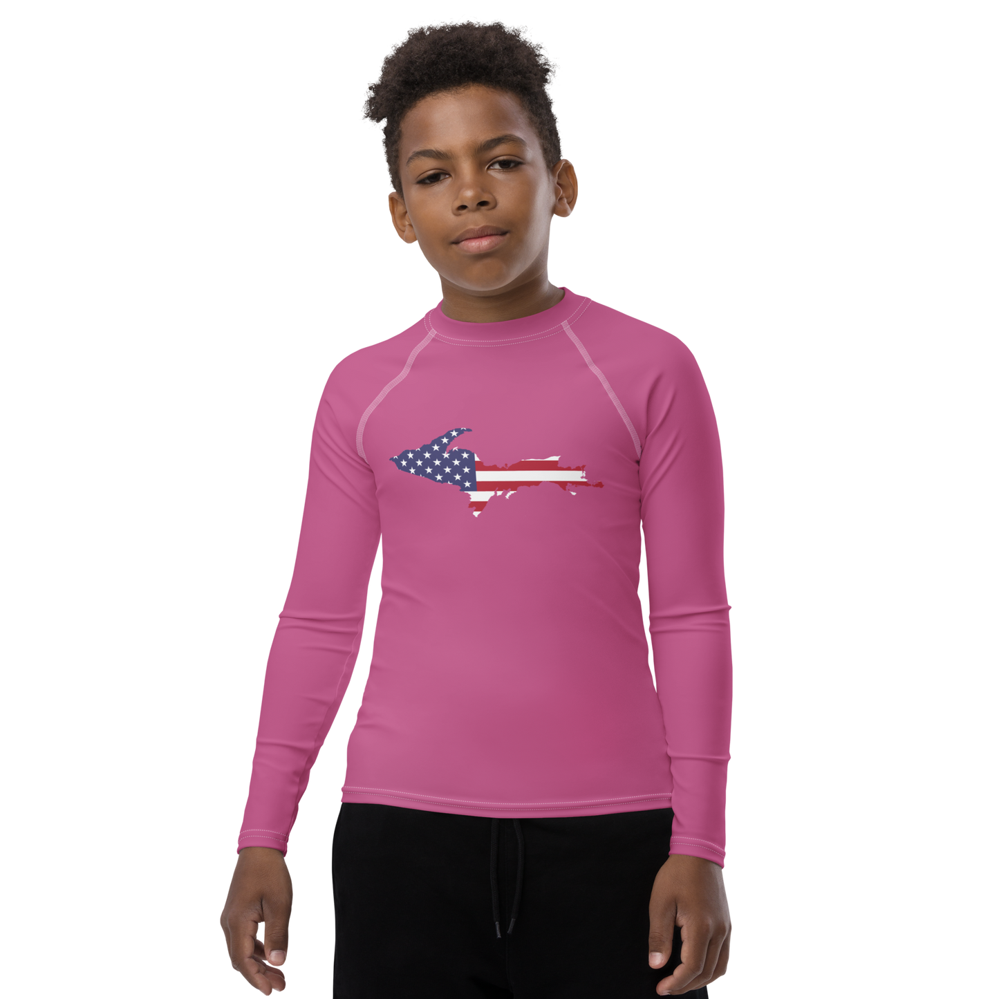 Michigan Upper Peninsula Rash Guard (w/ UP USA Flag) | Youth - Apple Blossom Pink