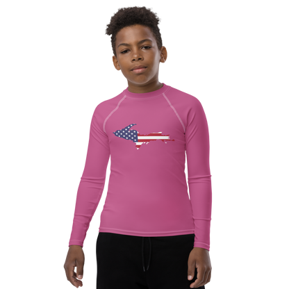 Michigan Upper Peninsula Rash Guard (w/ UP USA Flag) | Youth - Apple Blossom Pink