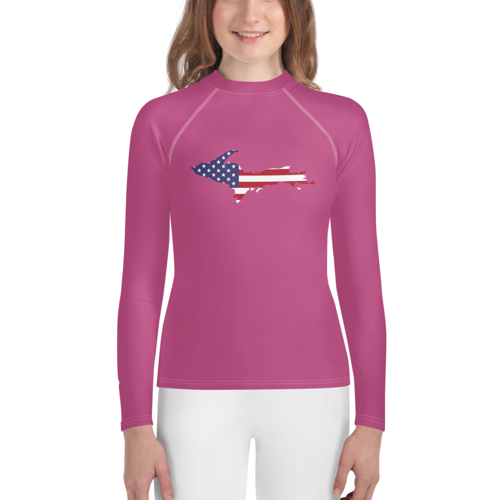 Michigan Upper Peninsula Rash Guard (w/ UP USA Flag) | Youth - Apple Blossom Pink