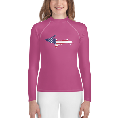 Michigan Upper Peninsula Rash Guard (w/ UP USA Flag) | Youth - Apple Blossom Pink