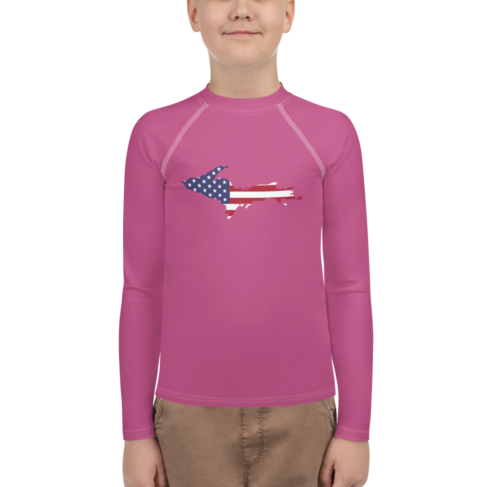 Michigan Upper Peninsula Rash Guard (w/ UP USA Flag) | Youth - Apple Blossom Pink