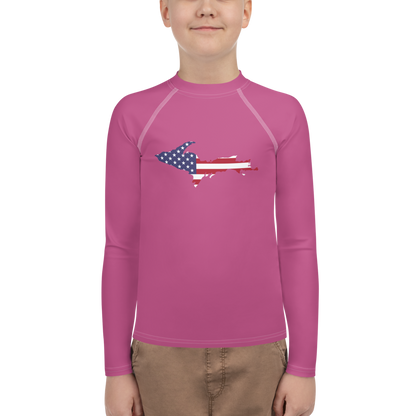 Michigan Upper Peninsula Rash Guard (w/ UP USA Flag) | Youth - Apple Blossom Pink