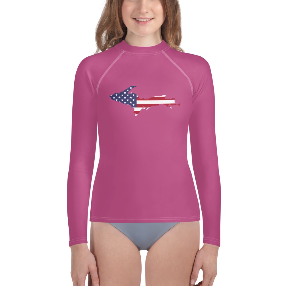 Michigan Upper Peninsula Rash Guard (w/ UP USA Flag) | Youth - Apple Blossom Pink