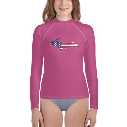 Michigan Upper Peninsula Rash Guard (w/ UP USA Flag) | Youth - Apple Blossom Pink