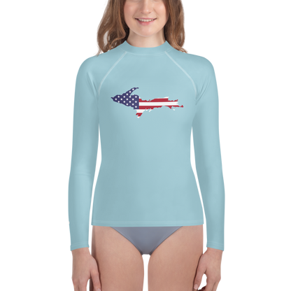 Michigan Upper Peninsula Rash Guard (w/ UP USA Flag) | Youth - '58 Caddie Blue