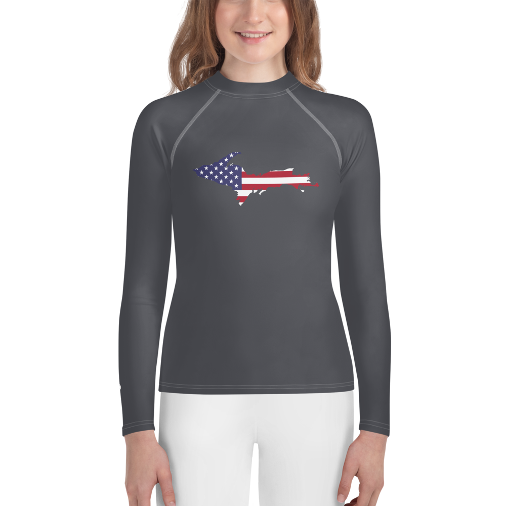 Michigan Upper Peninsula Rash Guard (w/ UP USA Flag) | Youth - Iron Ore Grey