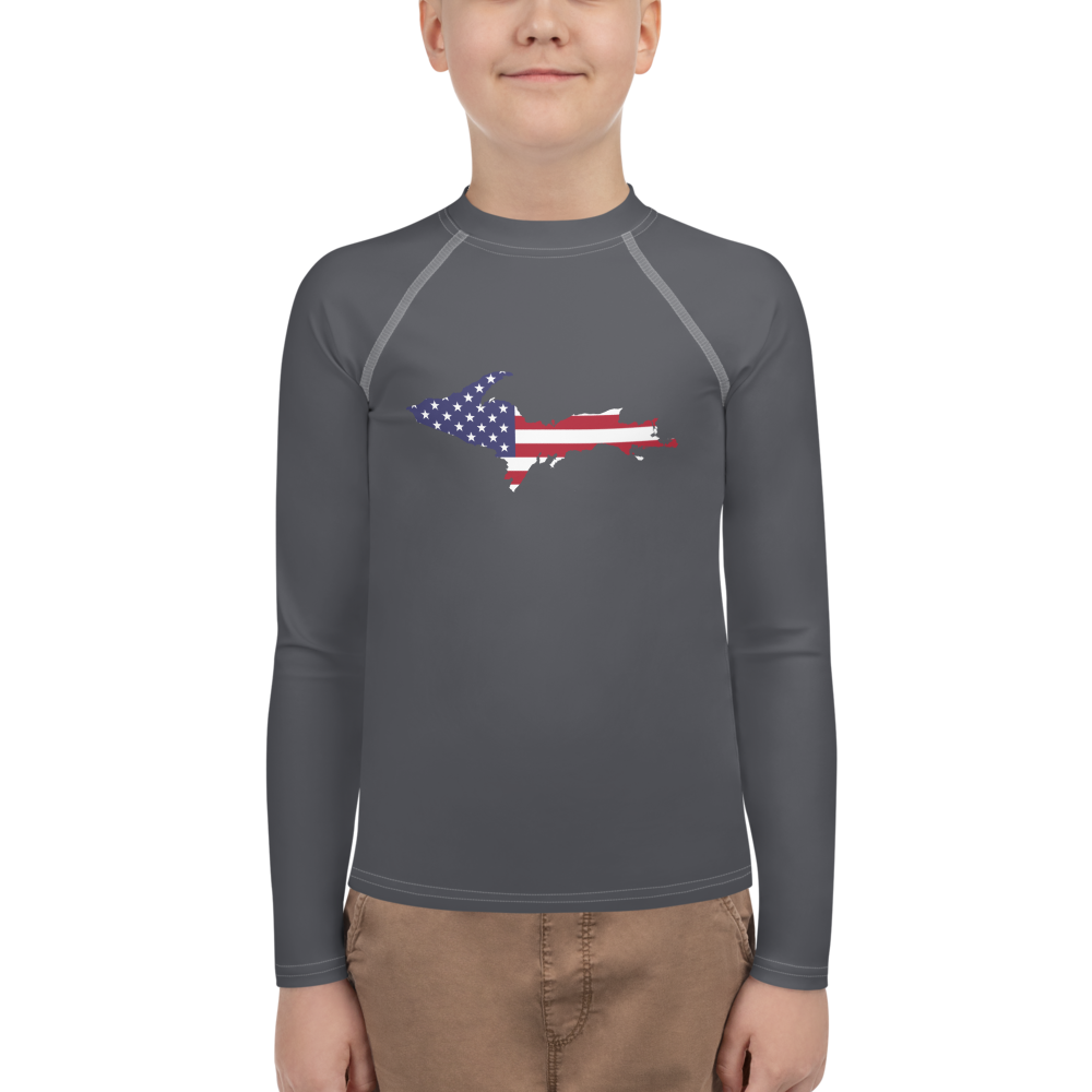 Michigan Upper Peninsula Rash Guard (w/ UP USA Flag) | Youth - Iron Ore Grey