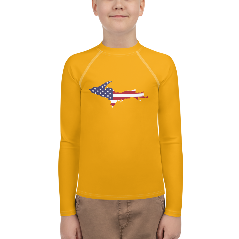 Michigan Upper Peninsula Rash Guard (w/ UP USA Flag) | Youth - Birch Leaf Orange