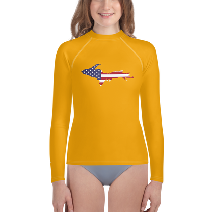 Michigan Upper Peninsula Rash Guard (w/ UP USA Flag) | Youth - Birch Leaf Orange