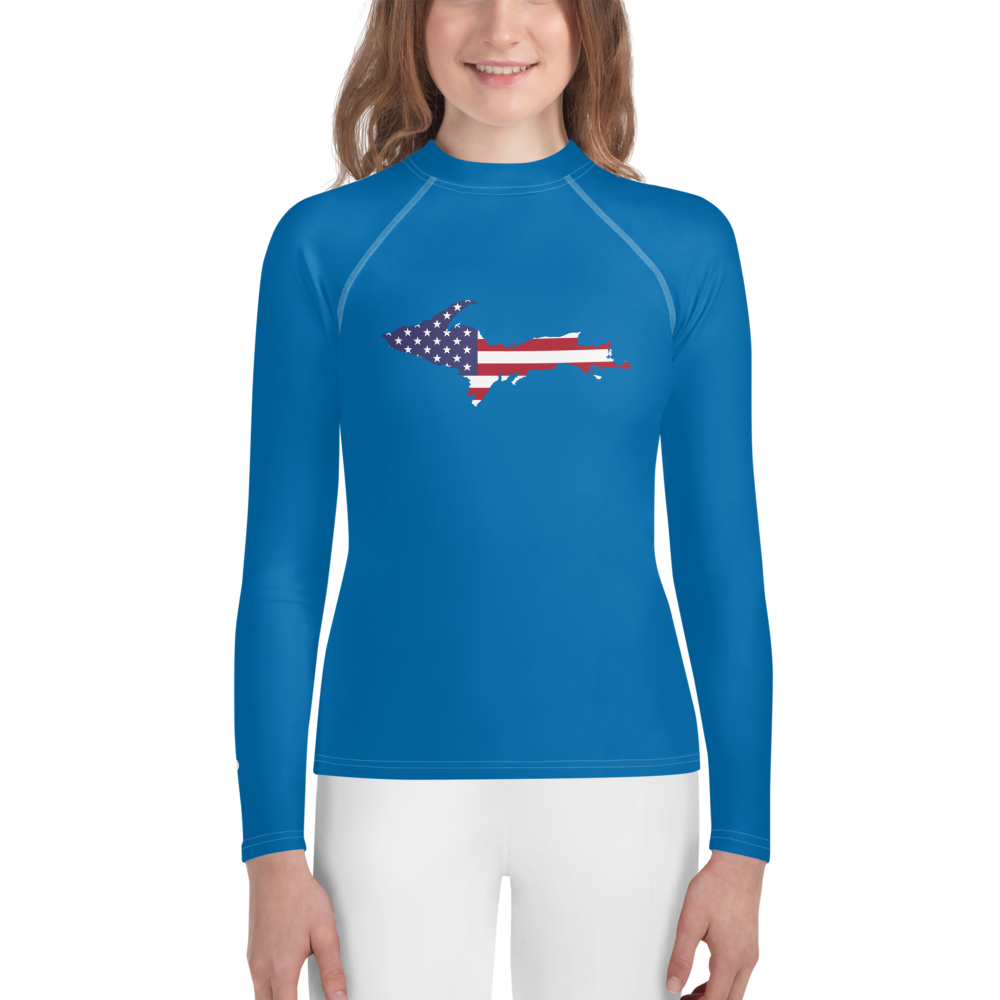 Michigan Upper Peninsula Rash Guard (w/ UP USA Flag) | Youth - Azure