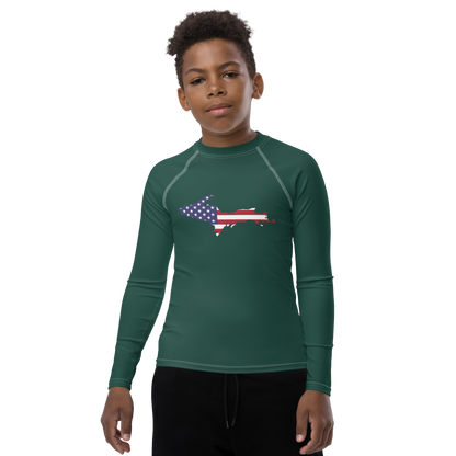 Michigan Upper Peninsula Rash Guard (w/ UP USA Flag) | Youth - Laconic Green