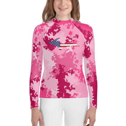 Michigan Upper Peninsula Rash Guard (w/ UP USA Flag) | Youth - Pink Camo