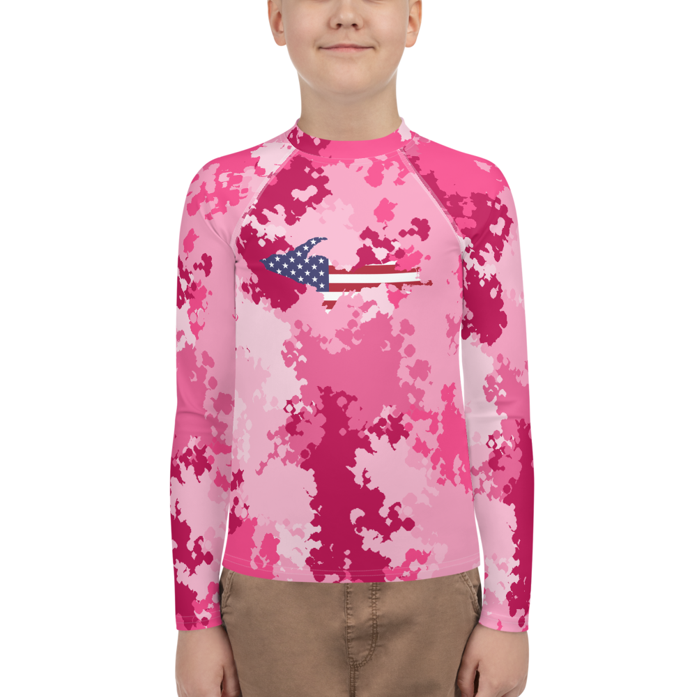 Michigan Upper Peninsula Rash Guard (w/ UP USA Flag) | Youth - Pink Camo