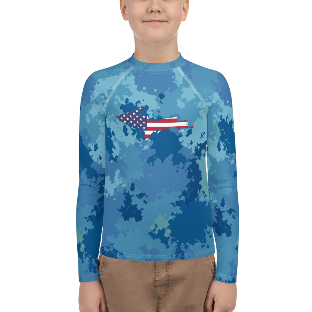 Michigan Upper Peninsula Rash Guard (w/ UP USA Flag) | Youth - Great Lakes Camo