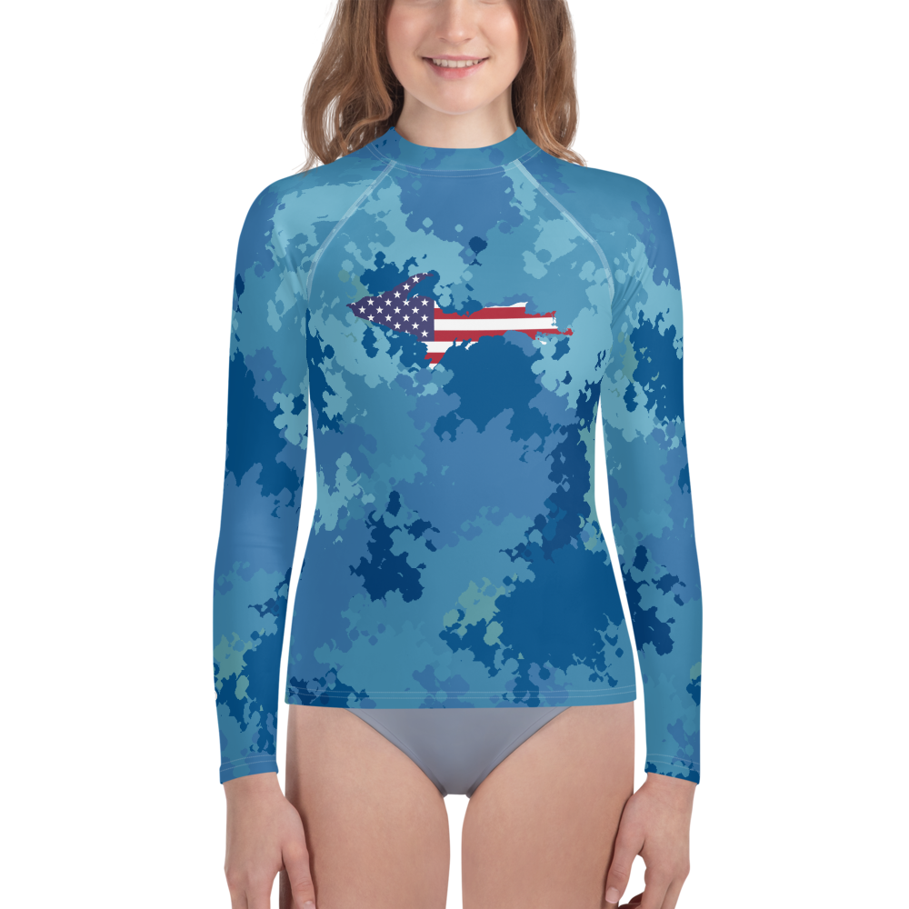 Michigan Upper Peninsula Rash Guard (w/ UP USA Flag) | Youth - Great Lakes Camo