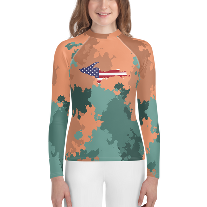 Michigan Upper Peninsula Rash Guard (w/ UP USA Flag) | Youth - Copper Country Camo