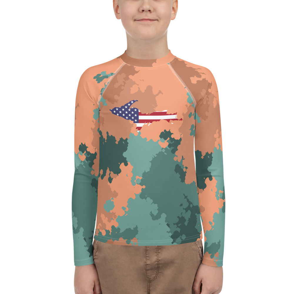 Michigan Upper Peninsula Rash Guard (w/ UP USA Flag) | Youth - Copper Country Camo