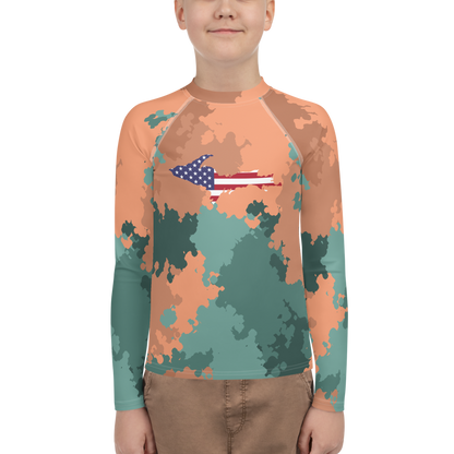 Michigan Upper Peninsula Rash Guard (w/ UP USA Flag) | Youth - Copper Country Camo