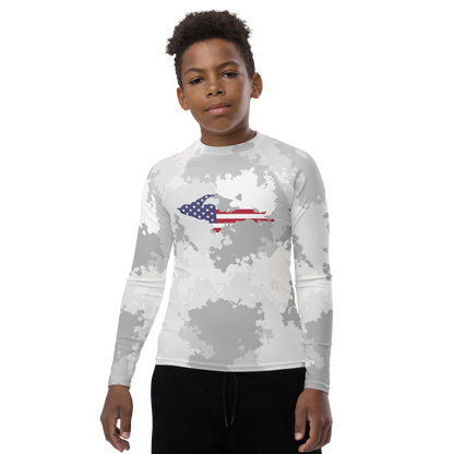 Michigan Upper Peninsula Rash Guard (w/ UP USA Flag) | Youth - Snow Camo