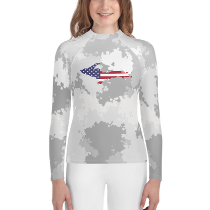 Michigan Upper Peninsula Rash Guard (w/ UP USA Flag) | Youth - Snow Camo