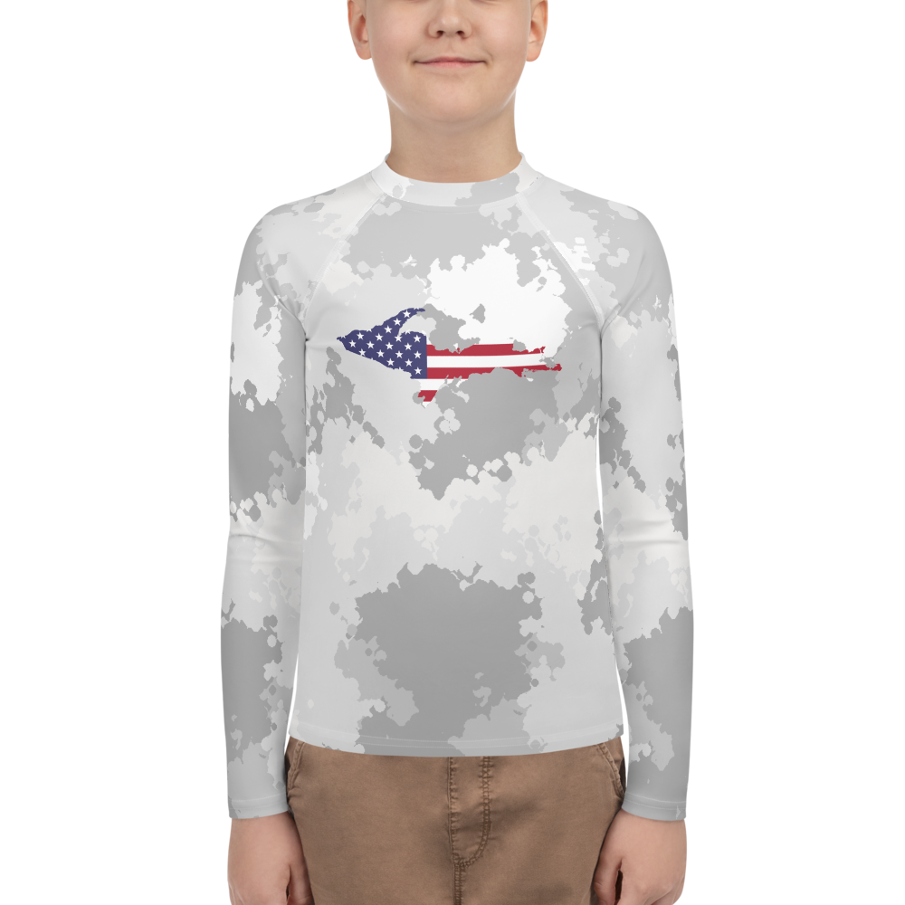 Michigan Upper Peninsula Rash Guard (w/ UP USA Flag) | Youth - Snow Camo