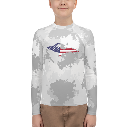 Michigan Upper Peninsula Rash Guard (w/ UP USA Flag) | Youth - Snow Camo