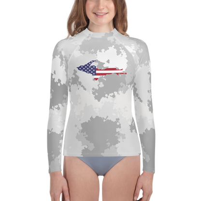 Michigan Upper Peninsula Rash Guard (w/ UP USA Flag) | Youth - Snow Camo