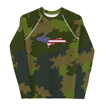 Michigan Upper Peninsula Rash Guard (w/ UP USA Flag) | Youth - Woodland Camo