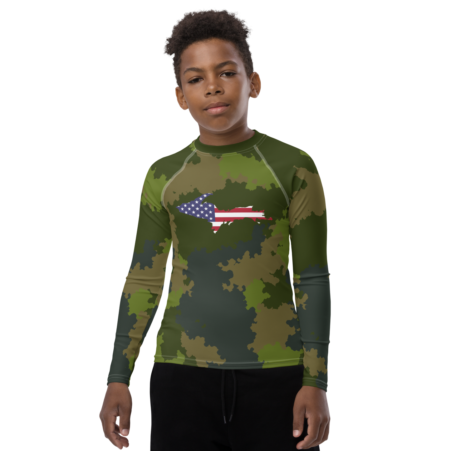 Michigan Upper Peninsula Rash Guard (w/ UP USA Flag) | Youth - Woodland Camo