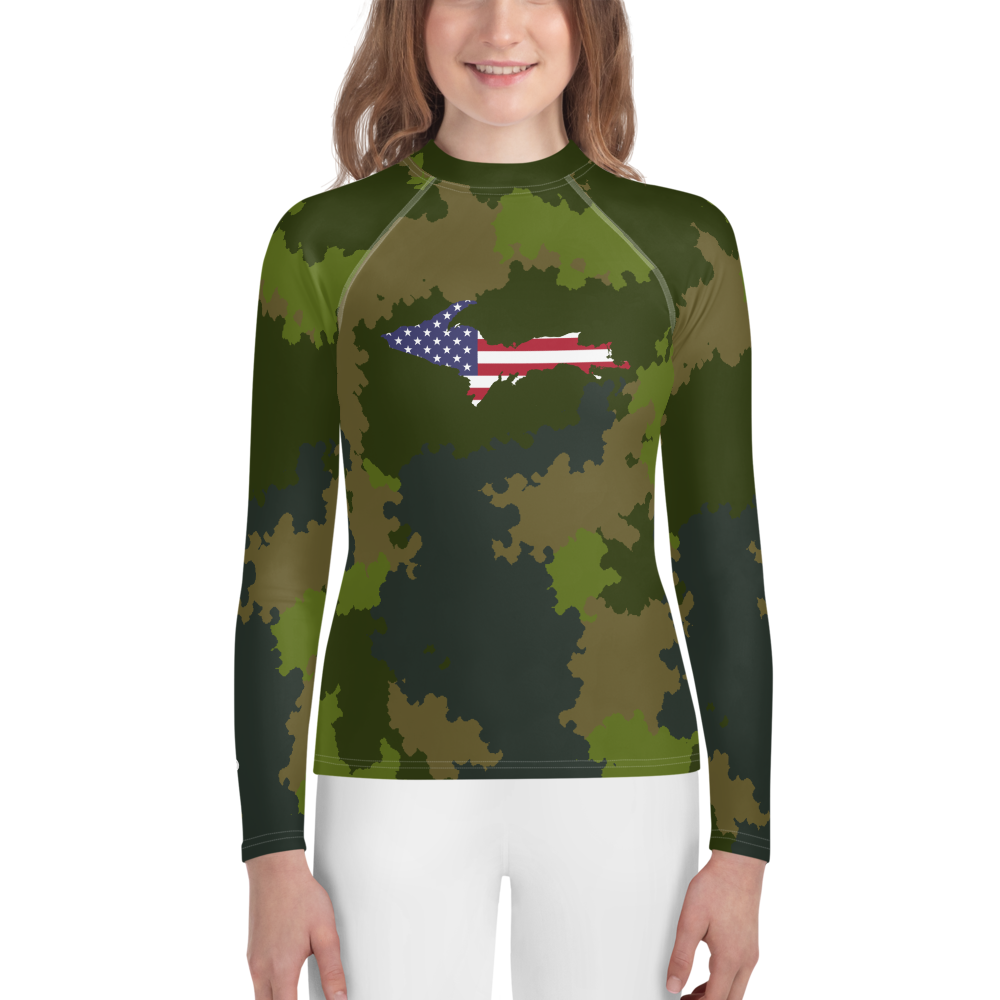 Michigan Upper Peninsula Rash Guard (w/ UP USA Flag) | Youth - Woodland Camo