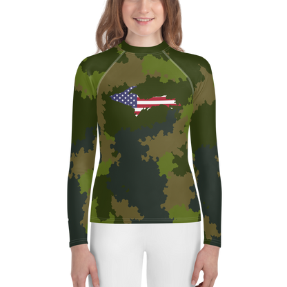 Michigan Upper Peninsula Rash Guard (w/ UP USA Flag) | Youth - Woodland Camo