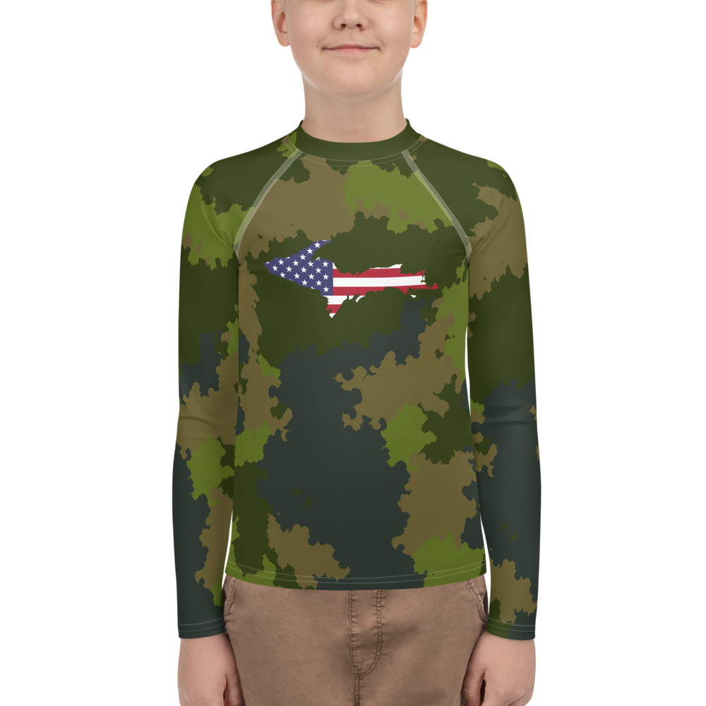 Michigan Upper Peninsula Rash Guard (w/ UP USA Flag) | Youth - Woodland Camo