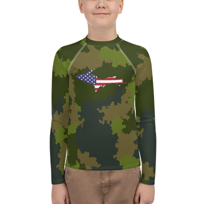 Michigan Upper Peninsula Rash Guard (w/ UP USA Flag) | Youth - Woodland Camo